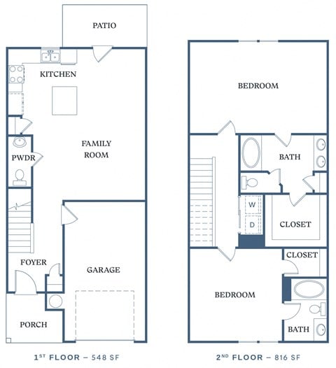 Floor plan for 2 beds, 2.5 baths, 1364 sqft
